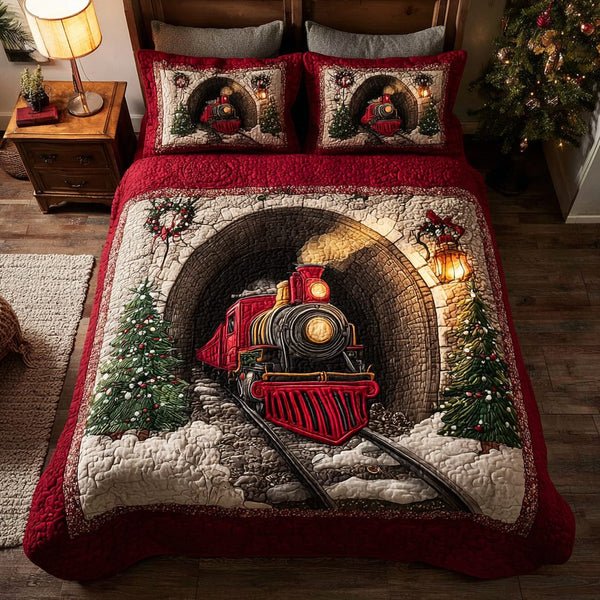 Winter Express quilted 3-piece bedding set on a made bed in a winter-styled bedroom