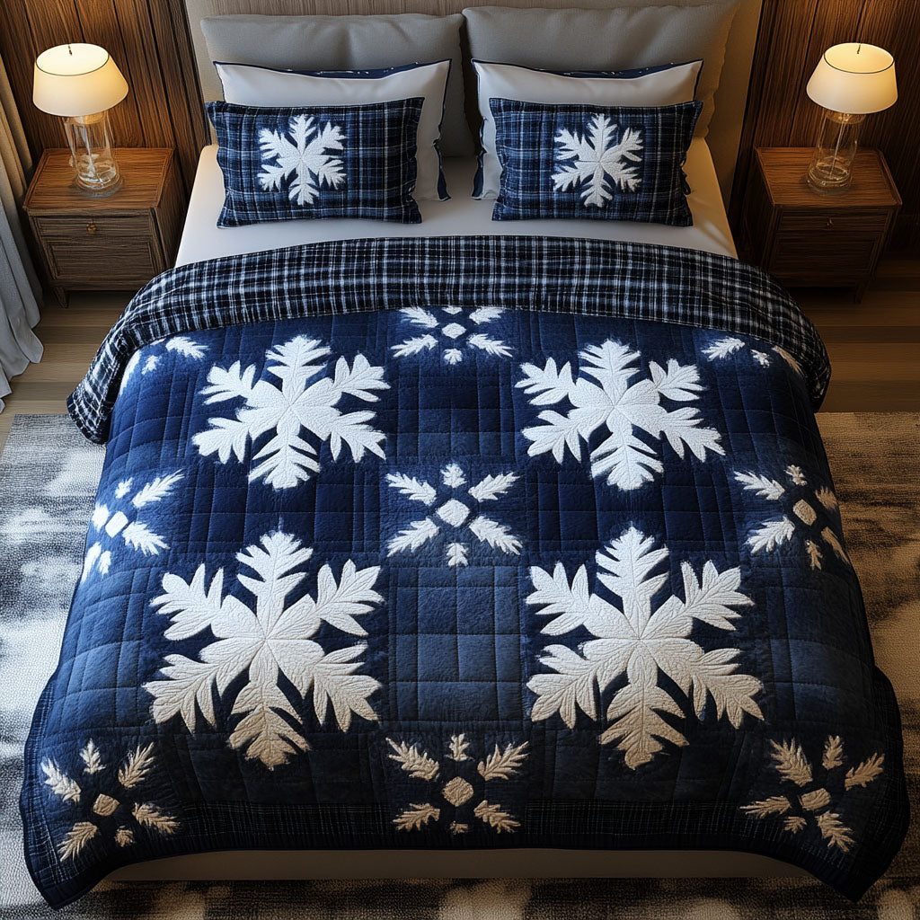 Winter Express quilted 3-piece bedding set on a made bed in a winter-styled bedroom