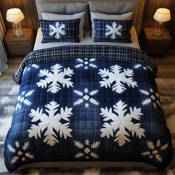 Winter Express quilted 3-piece bedding set on a made bed in a winter-styled bedroom