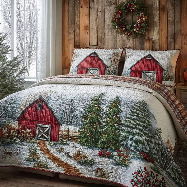 Winter Farmland quilted 3-piece bedding set on a made bed in a winter-styled bedroom