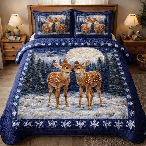 Winter Fawn Pair quilted 3-piece bedding set on a made bed in a winter-styled bedroom