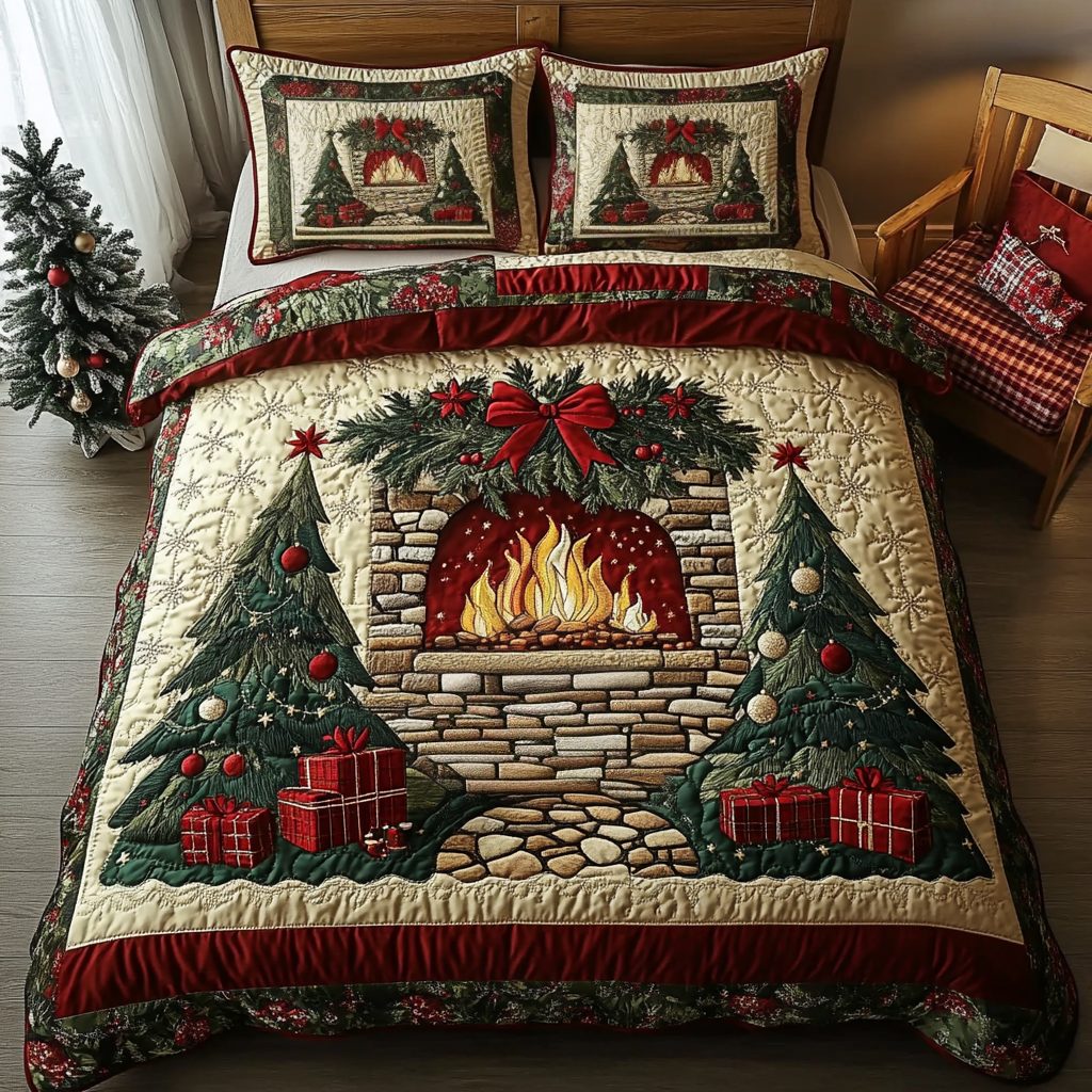 Winter Fire quilted 3-piece bedding set on a made bed in a winter-styled bedroom