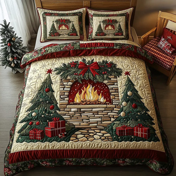 Winter Fire quilted 3-piece bedding set on a made bed in a winter-styled bedroom