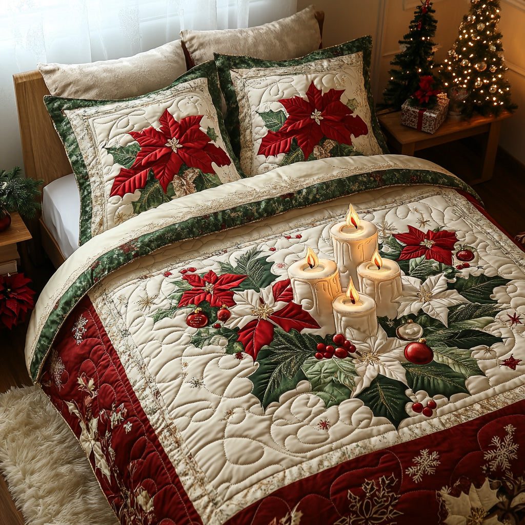 Winter Flame quilted 3-piece bedding set on a made bed in a winter-styled bedroom
