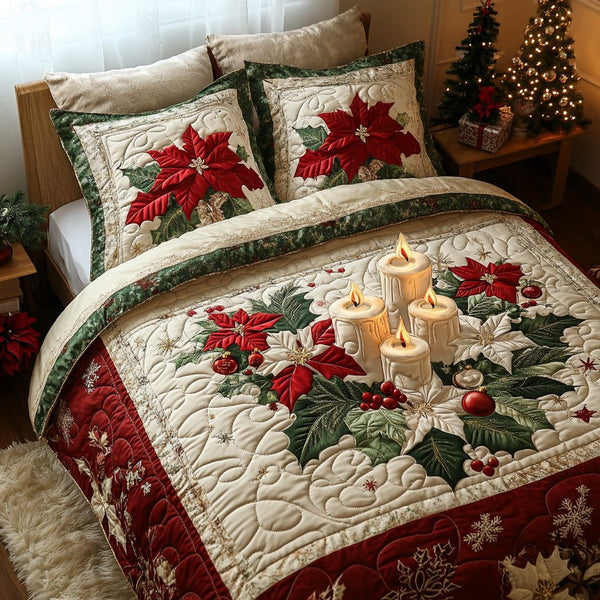 Winter Flame quilted 3-piece bedding set on a made bed in a winter-styled bedroom