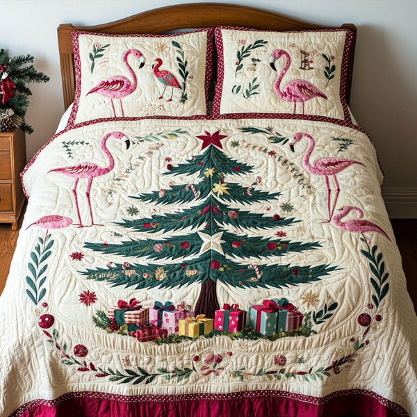 Winter Flamingos quilted 3-piece bedding set on a made bed in a winter-styled bedroom