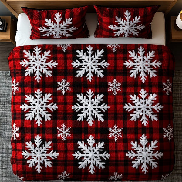 Winter Flannel quilted 3-piece bedding set on a made bed in a winter-styled bedroom
