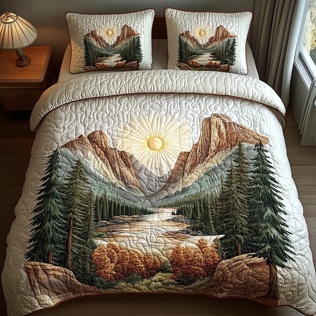 Winter Forest Adventure quilted 3-piece bedding set on a made bed in a winter-styled bedroom