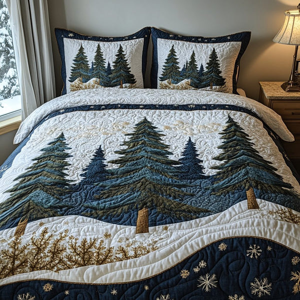 Winter Forest Bliss quilted 3-piece bedding set on a made bed in a winter-styled bedroom