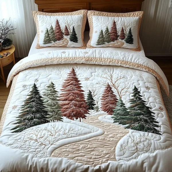Winter Forest Dream quilted 3-piece bedding set on a made bed in a winter-styled bedroom