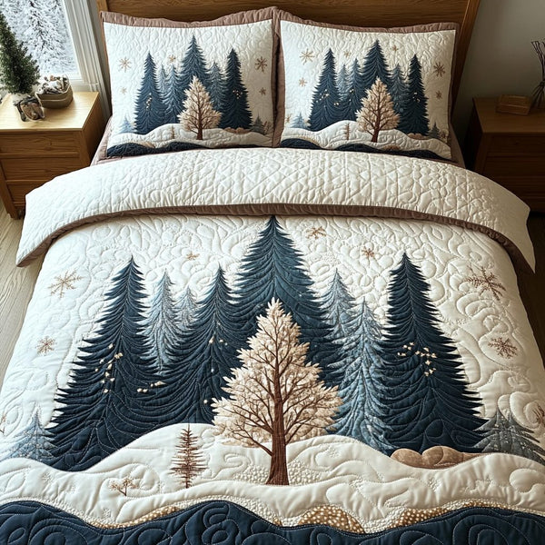 Winter Forest Escape quilted 3-piece bedding set on a made bed in a winter-styled bedroom