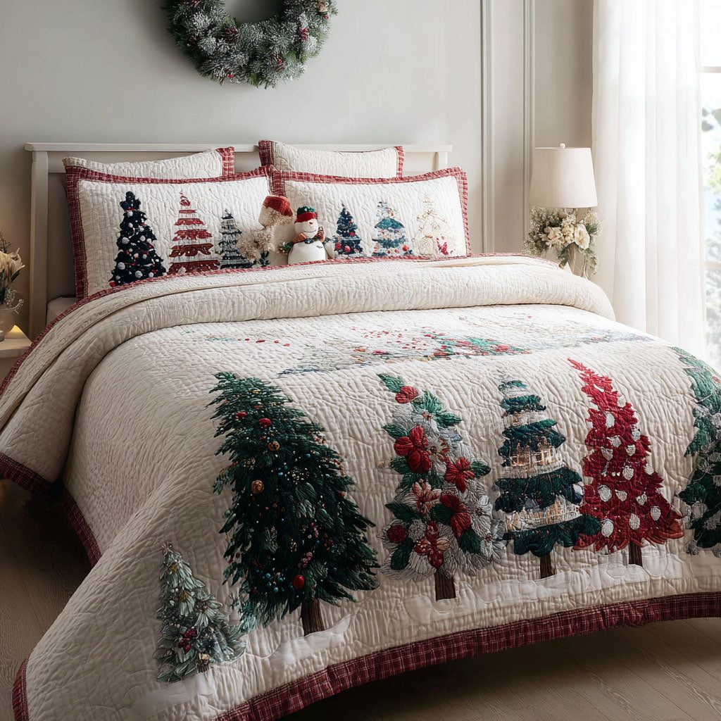 Winter Forest Glow quilted 3-piece bedding set on a made bed in a winter-styled bedroom