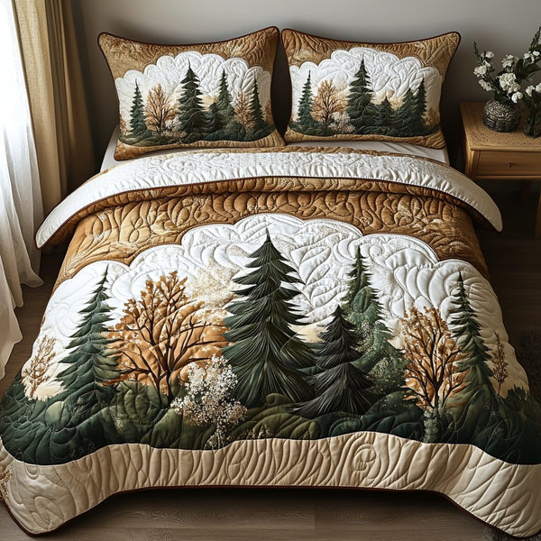 Winter Forest Magic quilted 3-piece bedding set on a made bed in a winter-styled bedroom