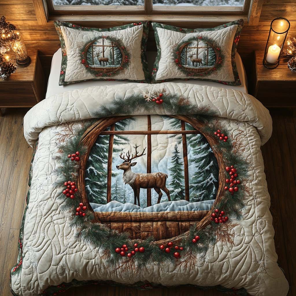 Winter Forest Majesty quilted 3-piece bedding set on a made bed in a winter-styled bedroom