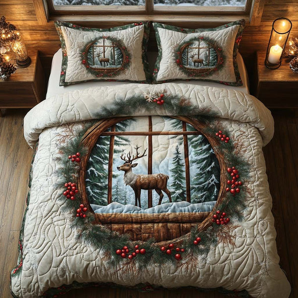 Winter Forest Majesty quilted 3-piece bedding set on a made bed in a winter-styled bedroom