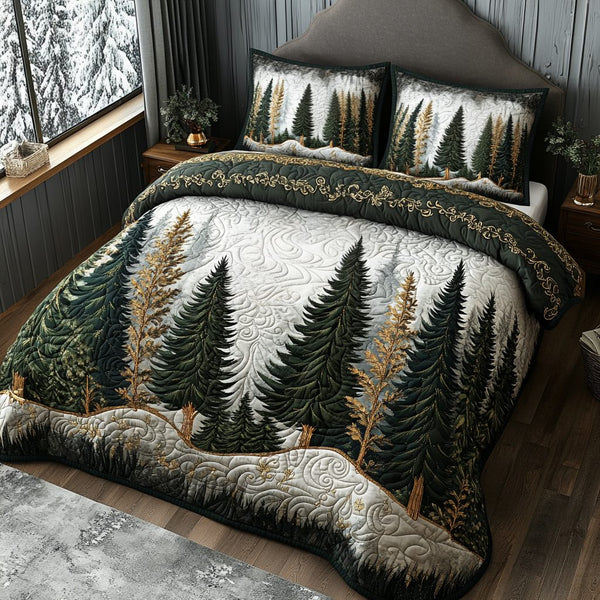 Winter Forest Path quilted 3-piece bedding set on a made bed in a winter-styled bedroom