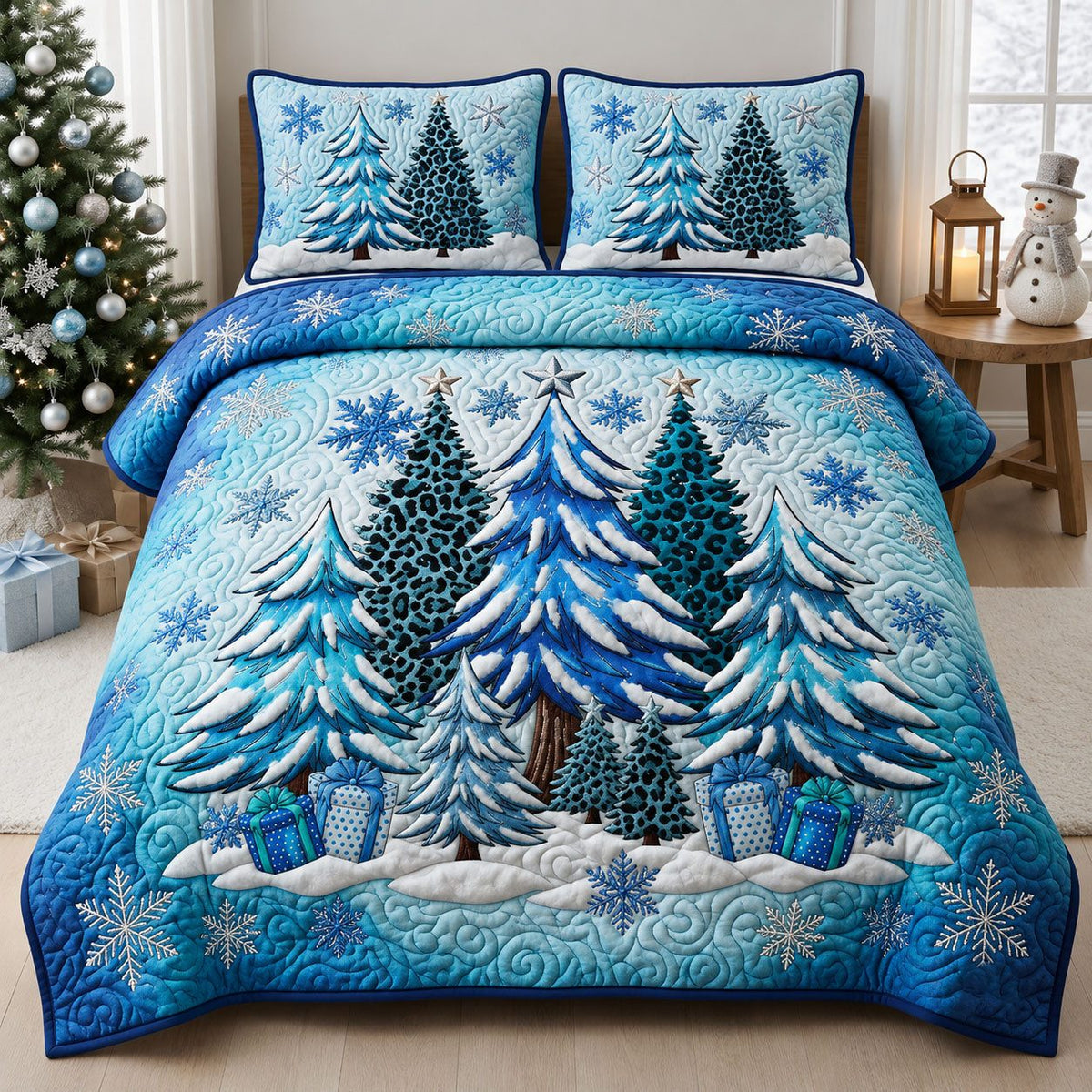 Winter Forest quilted 3-piece bedding set on a made bed in a winter-styled bedroom