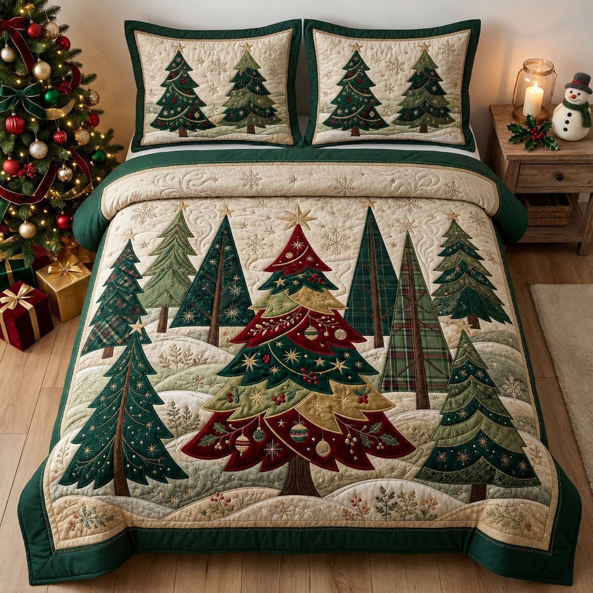 Winter Forest quilted 3-piece bedding set on a made bed in a winter-styled bedroom