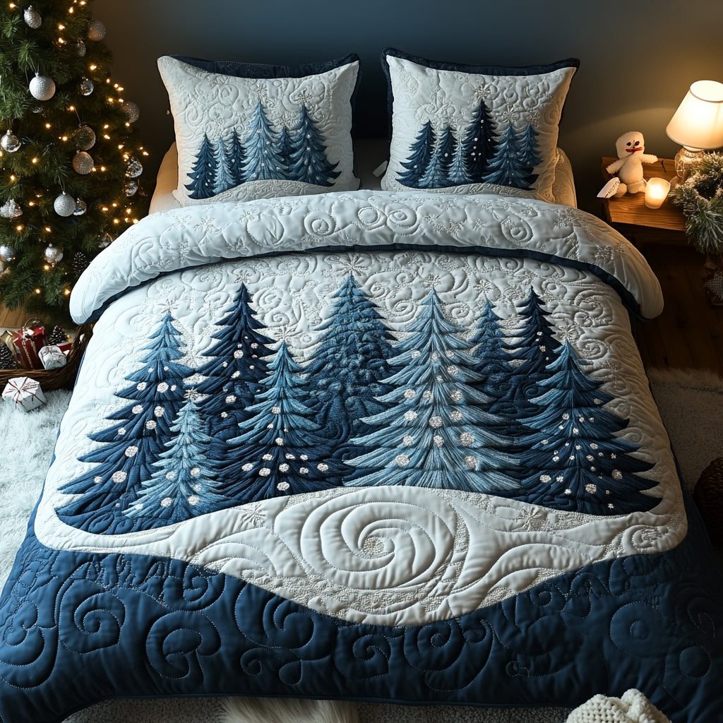 Winter Forest quilted 3-piece bedding set on a made bed in a winter-styled bedroom