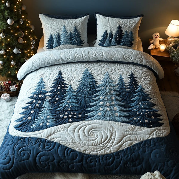 Winter Forest quilted 3-piece bedding set on a made bed in a winter-styled bedroom