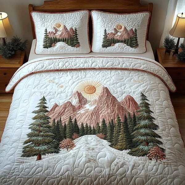Winter Forest Tranquility quilted 3-piece bedding set on a made bed in a winter-styled bedroom