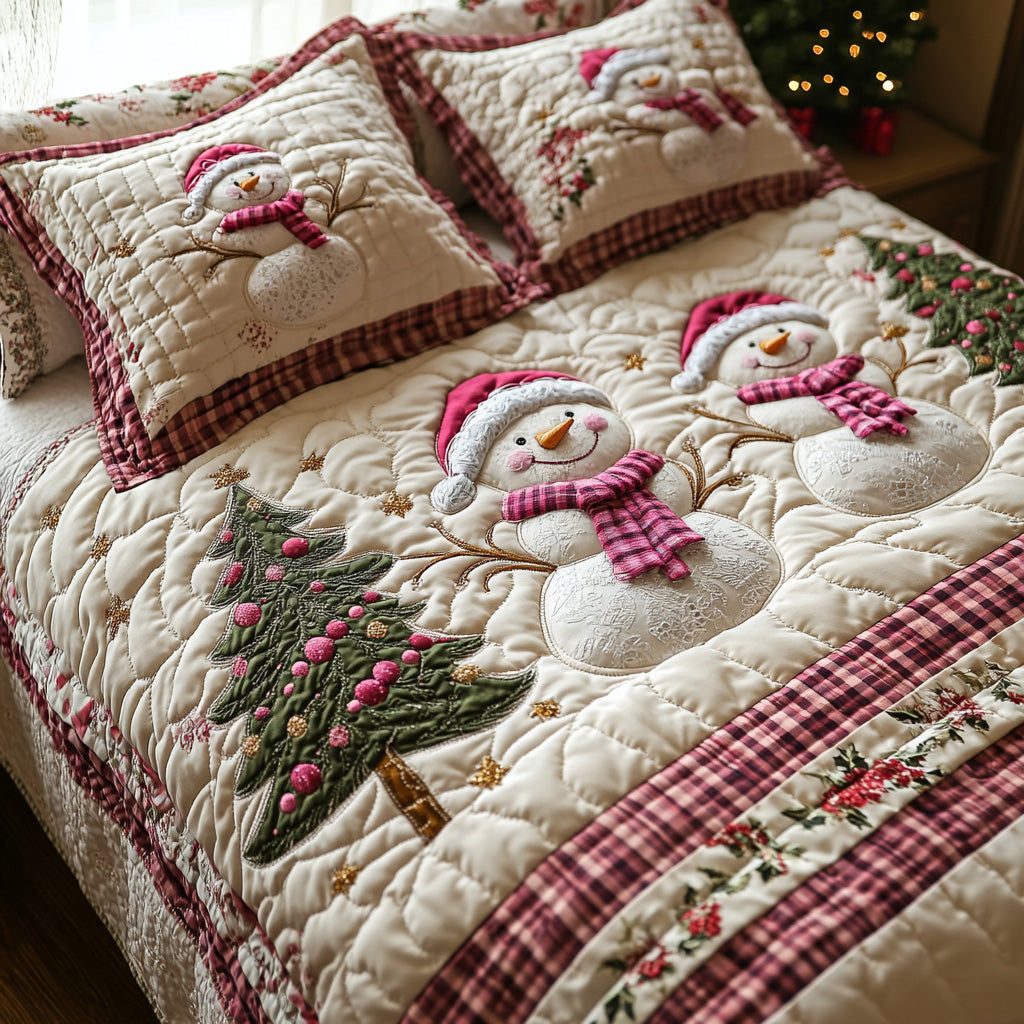 Winter Friend quilted 3-piece bedding set on a made bed in a winter-styled bedroom