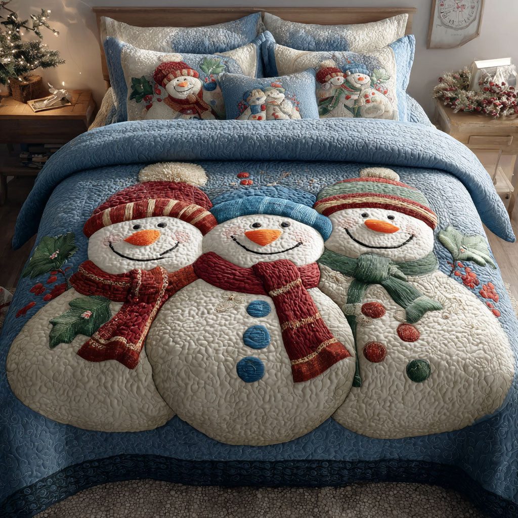 Winter Friends quilted 3-piece bedding set on a made bed in a winter-styled bedroom