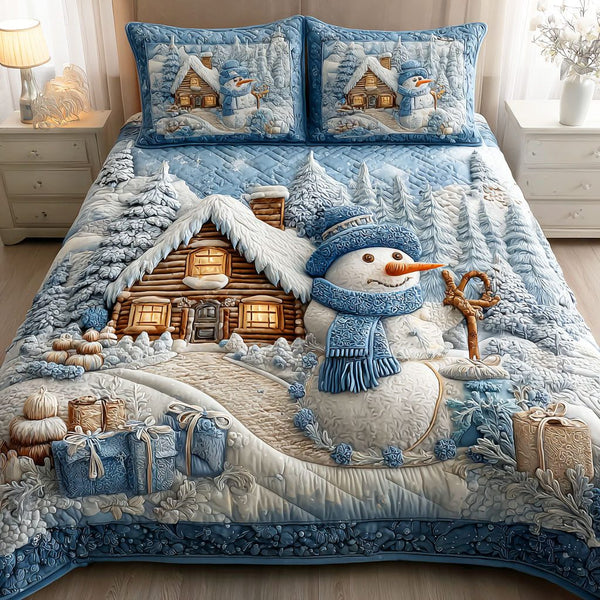 Winter Frost Glow quilted 3-piece bedding set on a made bed in a winter-styled bedroom