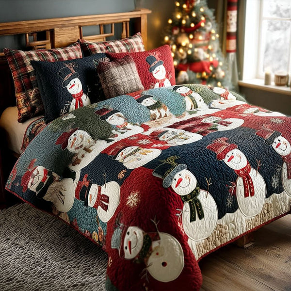 Winter Frosties quilted 3-piece bedding set on a made bed in a winter-styled bedroom
