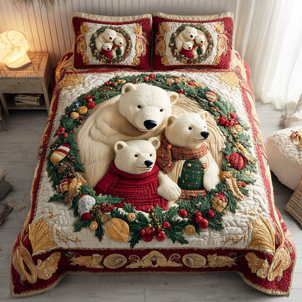 Winter Gathering Bear quilted 3-piece bedding set on a made bed in a winter-styled bedroom