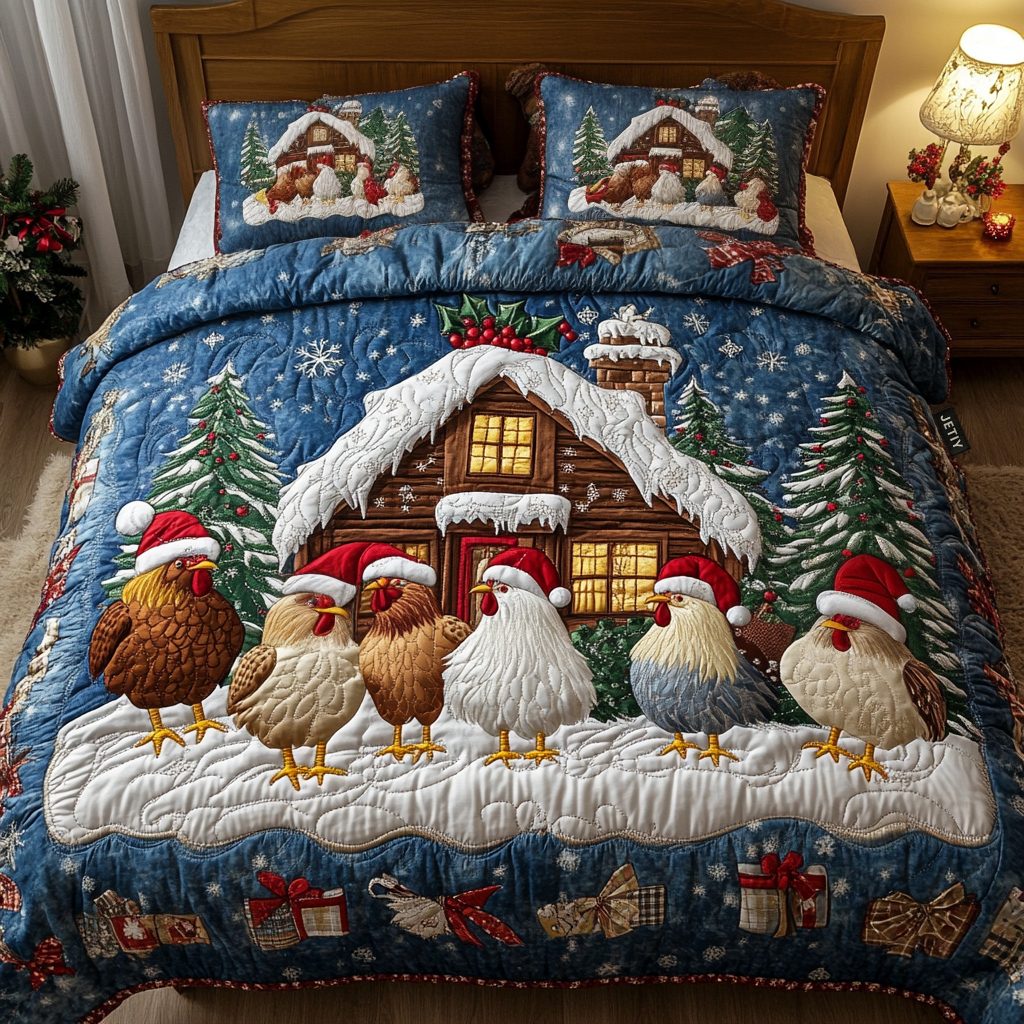 Winter Gathering quilted 3-piece bedding set on a made bed in a winter-styled bedroom