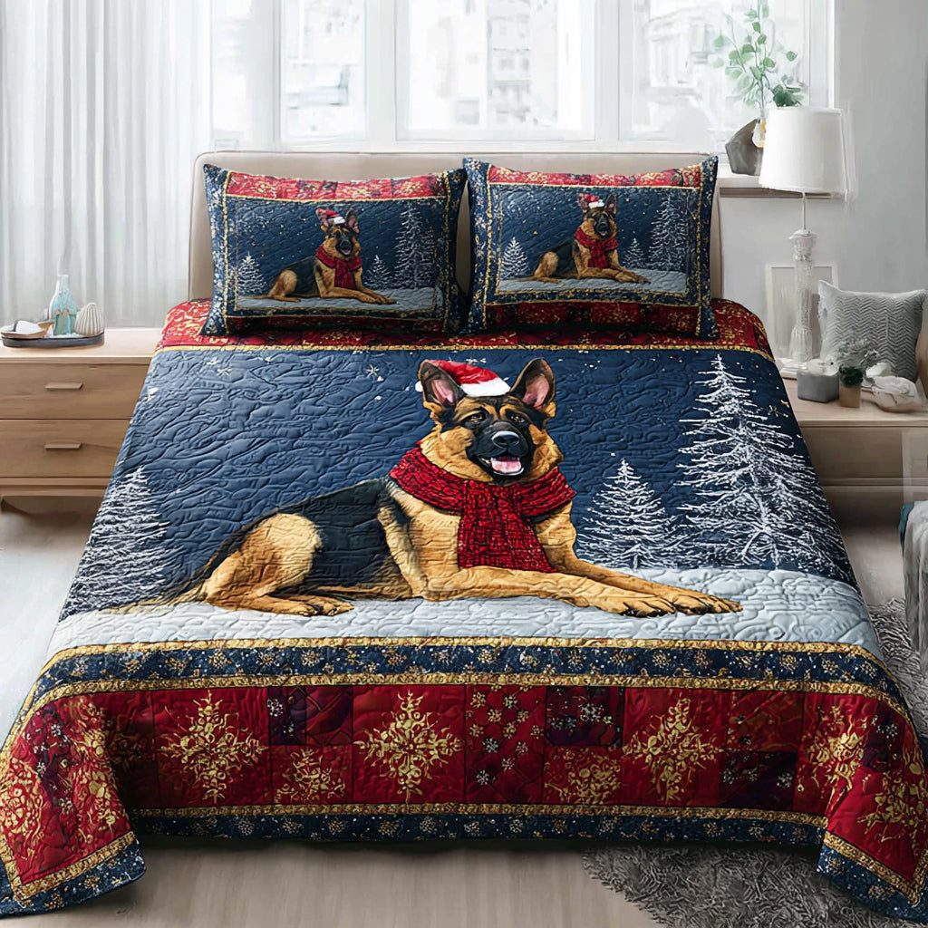 Winter German Shepherd quilted 3-piece bedding set on a made bed in a winter-styled bedroom