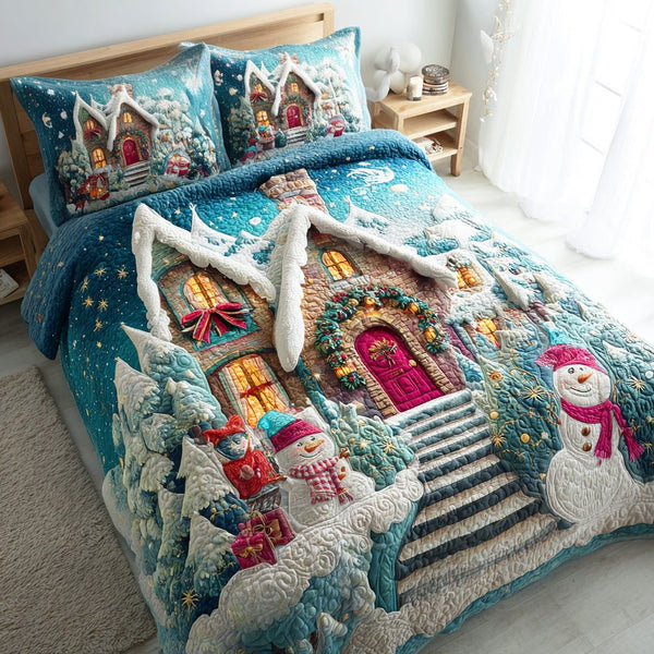 Winter Glow Haven quilted 3-piece bedding set on a made bed in a winter-styled bedroom