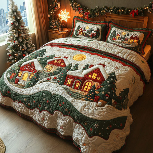 Winter Glow quilted 3-piece bedding set on a made bed in a winter-styled bedroom