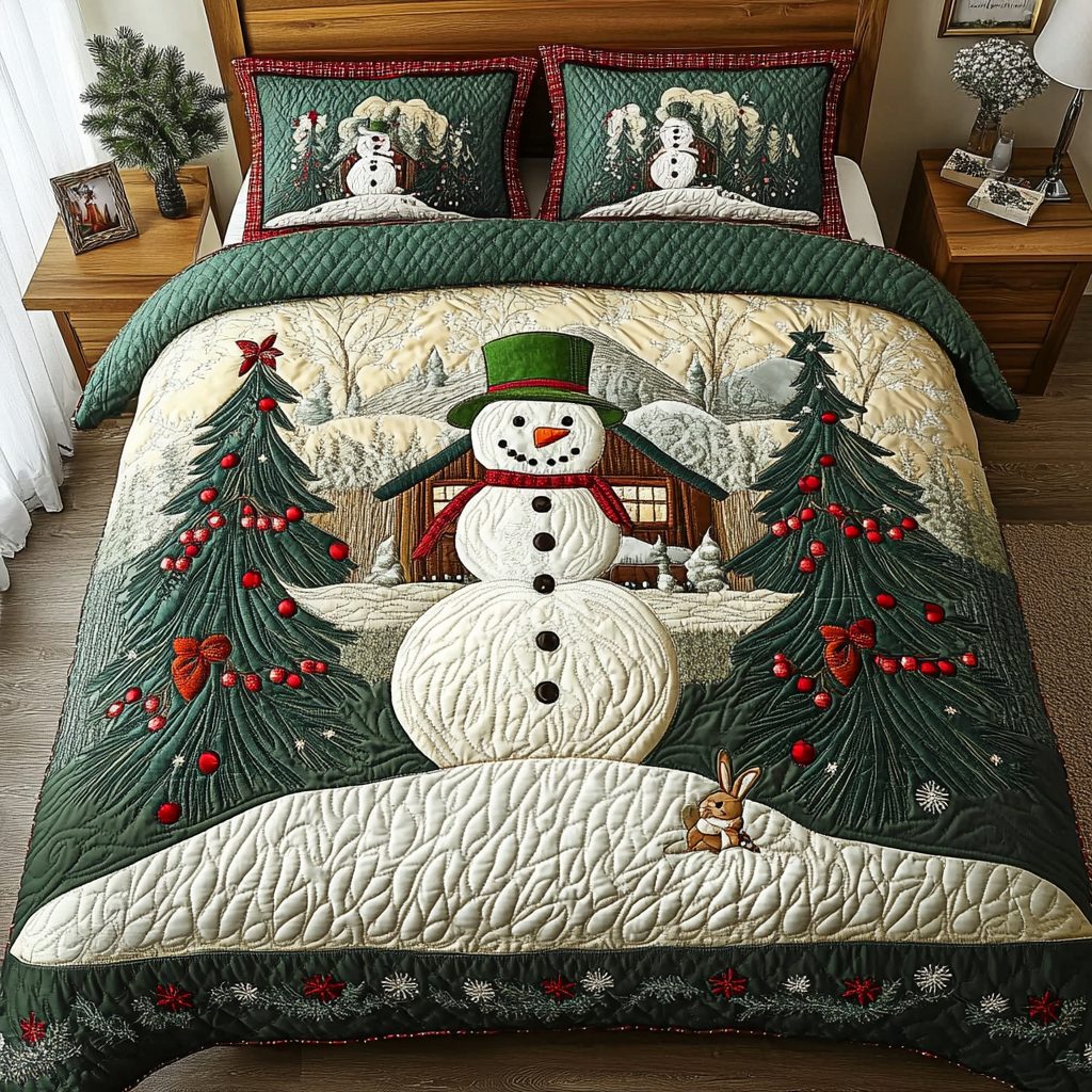 Winter Glow quilted 3-piece bedding set on a made bed in a winter-styled bedroom