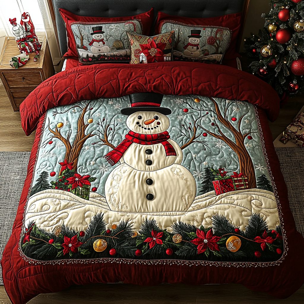 Winter Glow quilted 3-piece bedding set on a made bed in a winter-styled bedroom