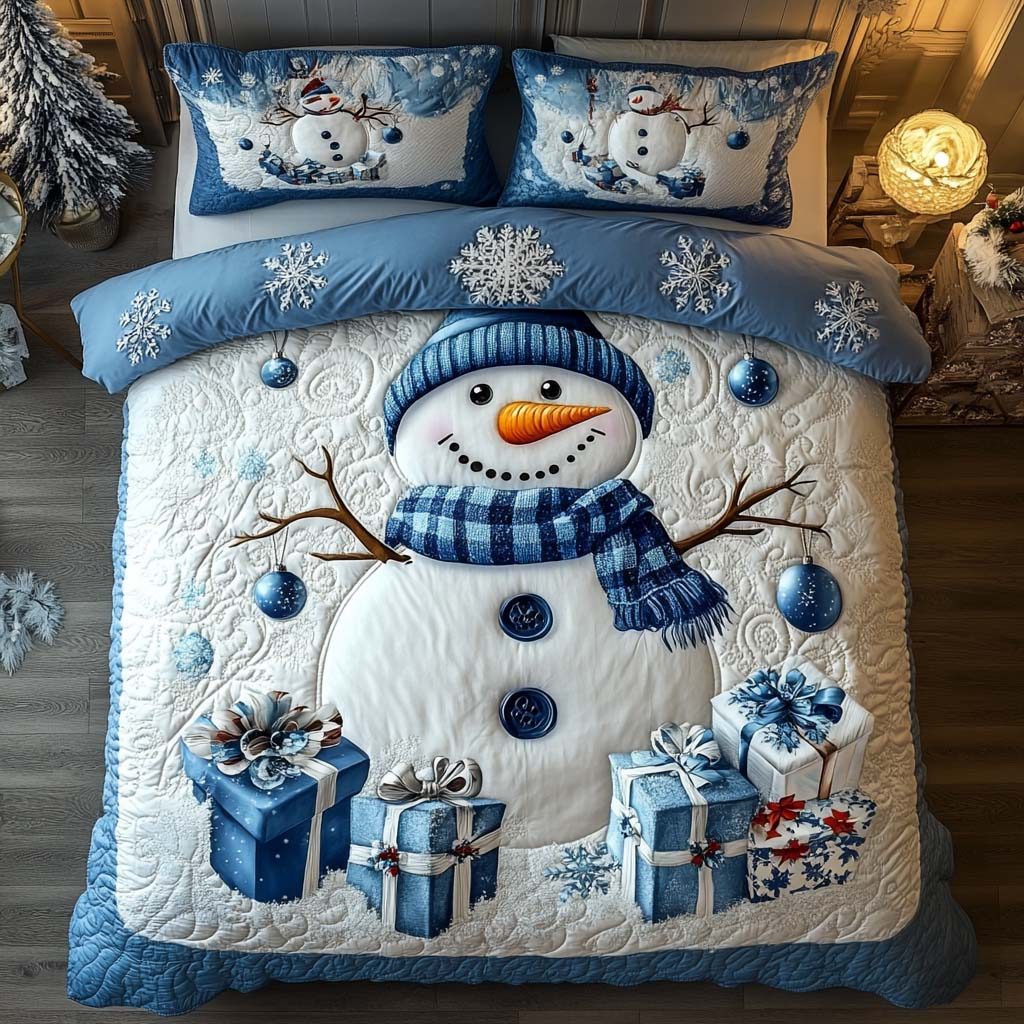 Winter Glow quilted 3-piece bedding set on a made bed in a winter-styled bedroom