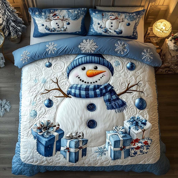 Winter Glow quilted 3-piece bedding set on a made bed in a winter-styled bedroom