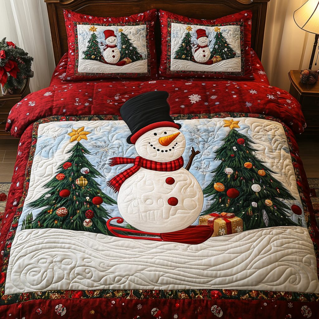 Winter Glow quilted 3-piece bedding set on a made bed in a winter-styled bedroom