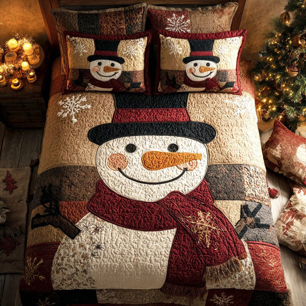 Winter Glow quilted 3-piece bedding set on a made bed in a winter-styled bedroom