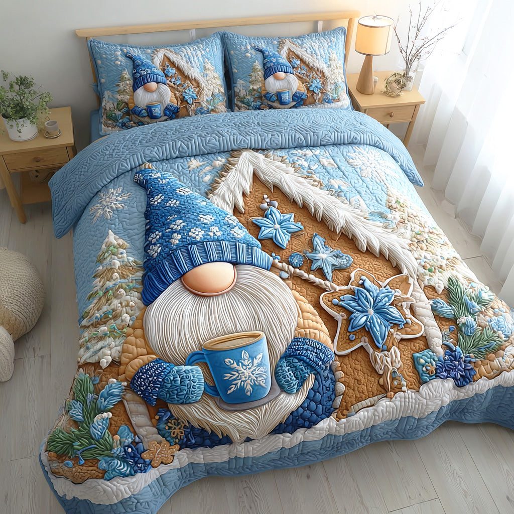 Winter Gnome Lane quilted 3-piece bedding set on a made bed in a winter-styled bedroom