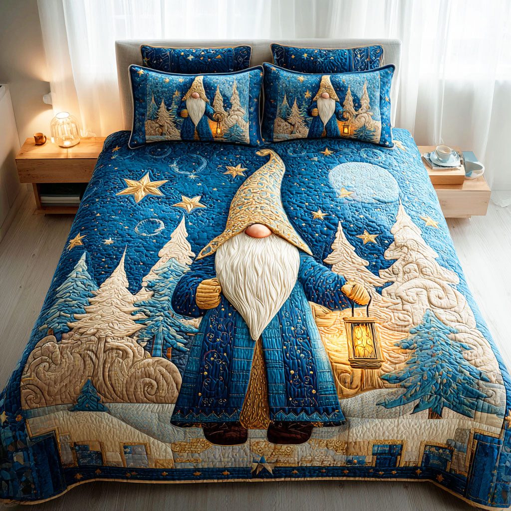 Winter Gnome Whispers quilted 3-piece bedding set on a made bed in a winter-styled bedroom