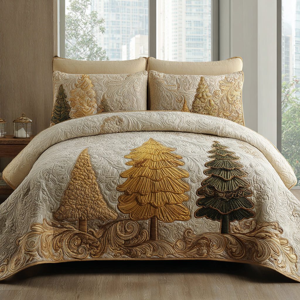 Winter Grace quilted 3-piece bedding set on a made bed in a winter-styled bedroom