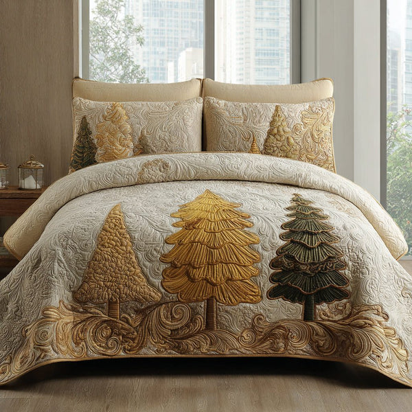 Winter Grace quilted 3-piece bedding set on a made bed in a winter-styled bedroom