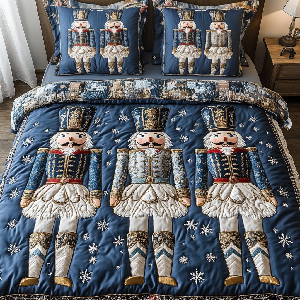 Winter Guard quilted 3-piece bedding set on a made bed in a winter-styled bedroom