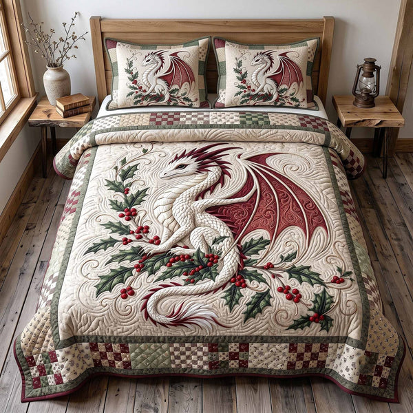 Winter Guardian quilted 3-piece bedding set on a made bed in a winter-styled bedroom