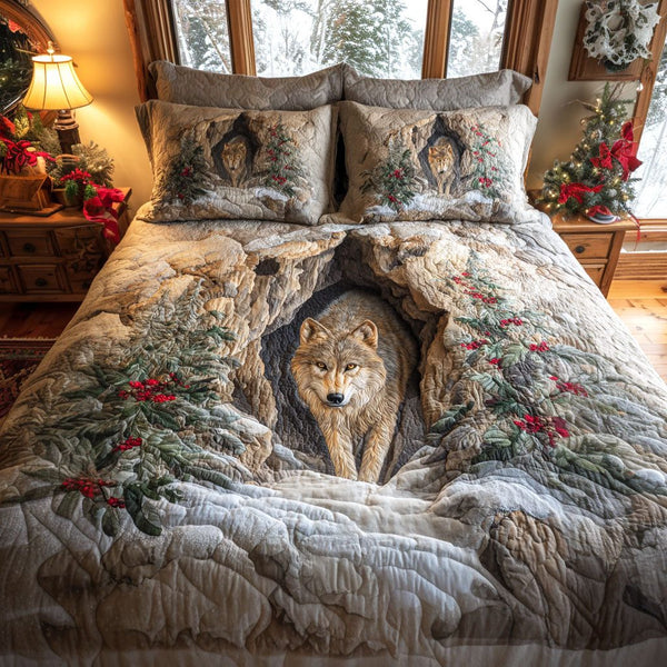 Winter Guardian quilted 3-piece bedding set on a made bed in a winter-styled bedroom