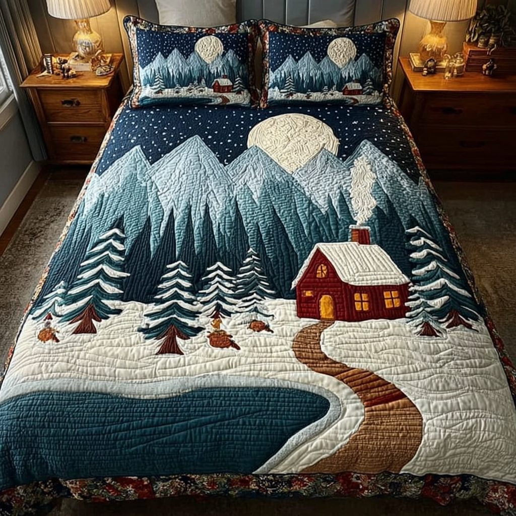 Winter Haven quilted 3-piece bedding set on a made bed in a winter-styled bedroom
