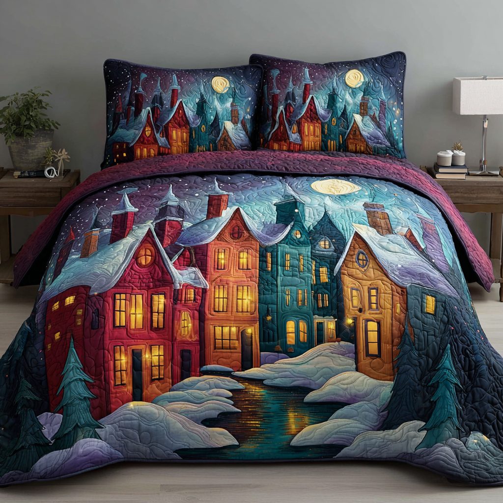 Winter Haven quilted 3-piece bedding set on a made bed in a winter-styled bedroom