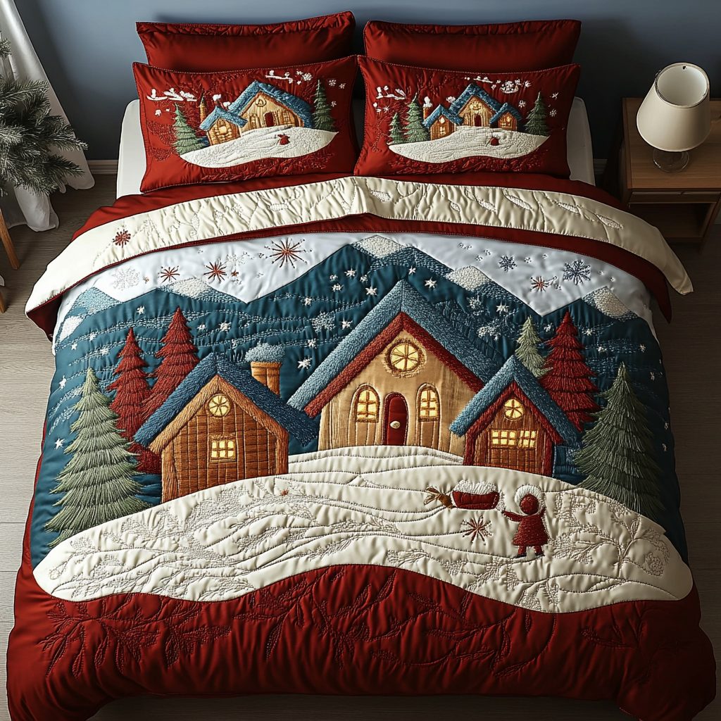 Winter Haven Retreat quilted 3-piece bedding set on a made bed in a winter-styled bedroom